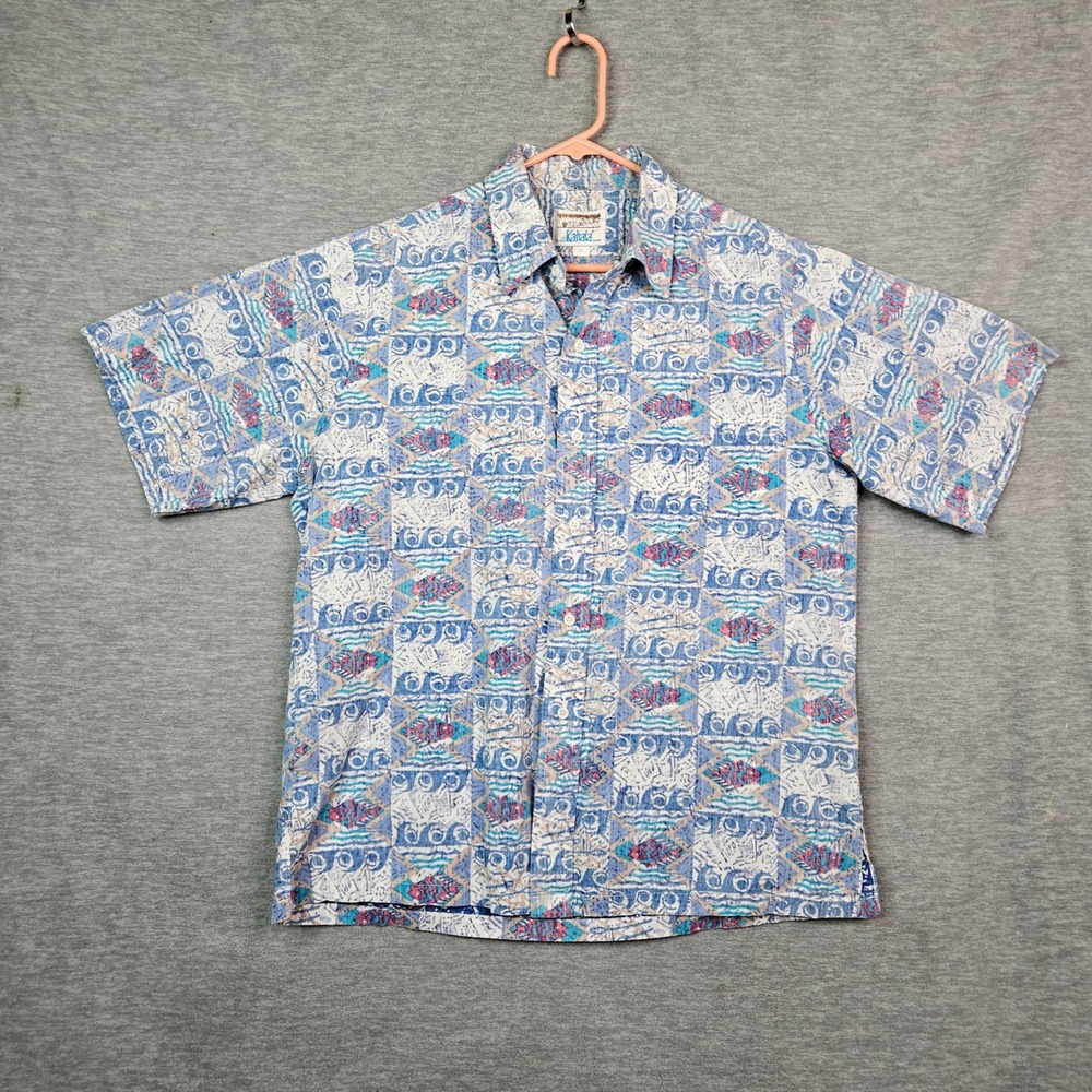 Kahala Hawaiian Shirt Men's Large Blue Fish Wave Block Print Cotton Button Up